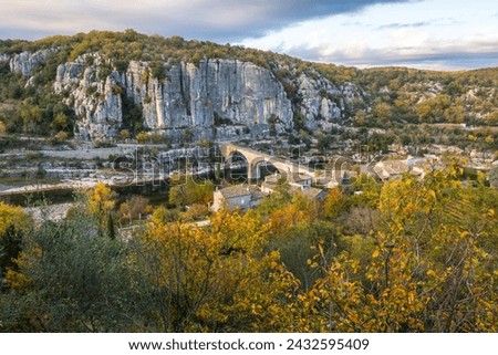 The bridge over the Ardeche river near the old village Balazuc recognized historical heritage, photography taken in France