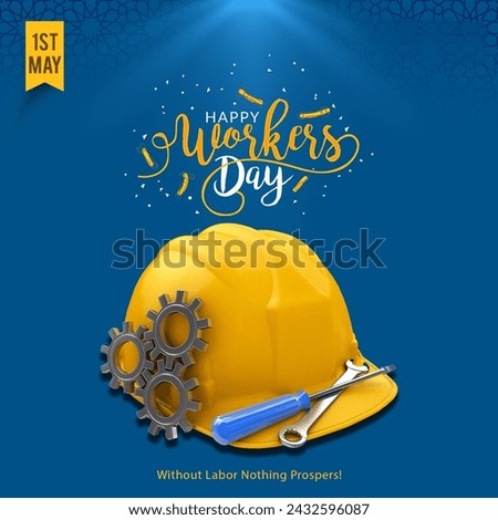 Happy Labor Day banner. Yellow Helmet, Construction Tools, 1st May Royalty-Free Stock Photo #2432596087