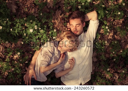 romantic picture of a loving couple in the spring park