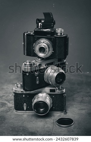 Close up view at vintage cameras