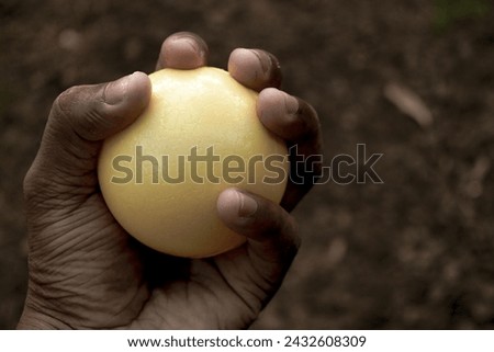Hand holding yellow stress ball isolated on blur background.