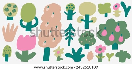 Garden, farm trees, flowers set. Cute hand drawn doodle plants set in cartoon style for ranch, countryside, village. Trees icons clip art