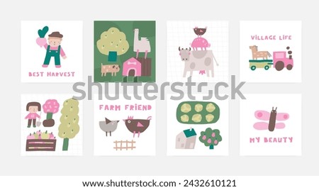 Farm animals, objects compositions set. Cute hand drawn doodle farmer, beet, puppy, goose, cow, pig, house, butterfly, horse, tractor. Card, postcard, t shirt print cover poster with funny animal for 