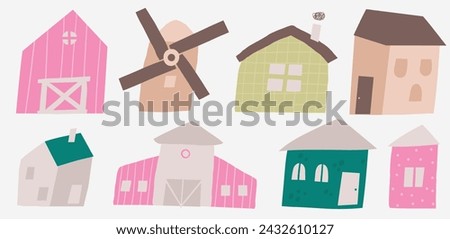 Farm, rural objects, clip art set. Cute hand drawn doodle village houses, homes, buildings, windmill, barn, architecture. Items, icons in children style for kids