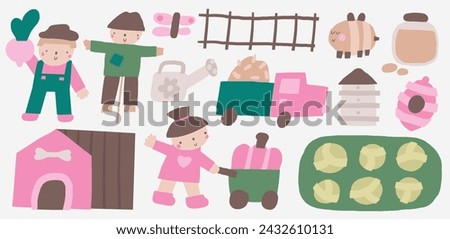 Farm, rural objects, clip art set. Cute hand drawn doodle farmer, scarecrow, garden bed, bee hive, dog house, butterfly, harvest, ranch car, honey jar, fence. Items, icons in children style for kids