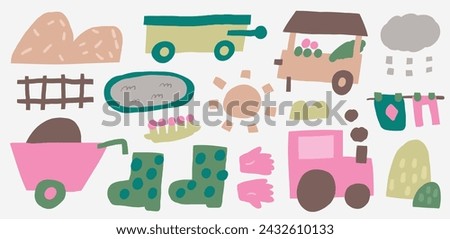 Farm, rural objects, clip art set. Cute hand drawn doodle tractor, rubber boots, hay stack, pond, garden gloves, market tent, wheelbarrow, sun, cloud, cart. Items, icons in children style for kids
