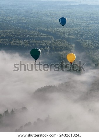 Colorful hot air balloons flying over a field and deciduous forest. Summer foggy morning. Beautiful view. Royalty-Free Stock Photo #2432613245
