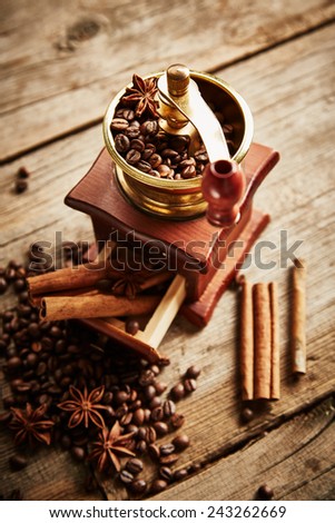 Coffee grinder, coffee beans, cinnamon and anise on wooden background