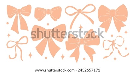 Set of various peach fuzz bow knots, gift ribbons. Trendy hair braiding accessory. Hand drawn vector illustration.