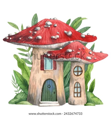 Fairy tale mushroom house illustration. Cute amanita gnome fairy house. Hand drawn watercolor fantasy forest cottage. Cartoon clip art for kids postcards, nursery design