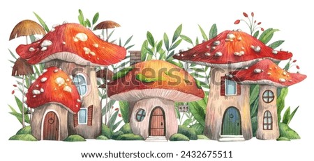 Fairy tale mushroom houses village illustration. Cute amanita gnome fairy houses. Hand drawn watercolor fantasy forest cottage composition. Cartoon clip art for kids postcards, nursery design
