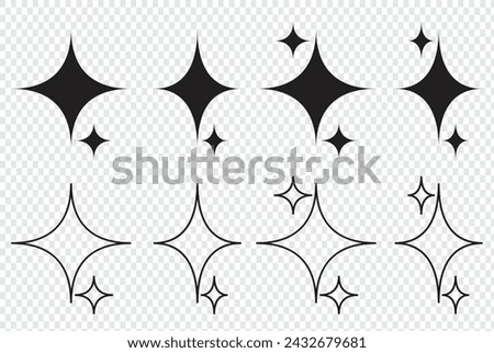 Minimalist silhouette stars icon, twinkle star shape symbols. Modern geometric elements, shining star icons, abstract sparkle black silhouettes symbol vector set in eps 10.