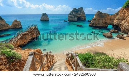 Landscape with Praia do Camilo, famous beach in Algarve, Portugal Royalty-Free Stock Photo #2432690303