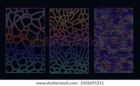 Set of holographic patterns with warped psychedelic pattern of colorful neon lines. Royalty-Free Stock Photo #2432691211
