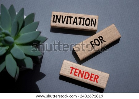 Invitation for Tender symbol. Concept words Invitation for Tender on wooden blocks. Beautiful grey background with succulent plant. Business concept. Copy space.