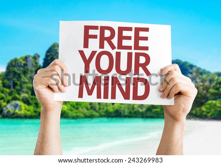 Free Your Mind card with a beach on background