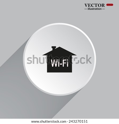 White circle with a shadow. The house is surrounded by a network wi-fi , vector illustration, EPS 10