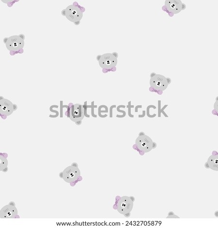 cute hand drawn grey teddy bear happy face with purple bow tie on a grey background, childish boy and girl seamless pattern