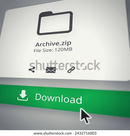 Html, download and archive zip with file size or digital content and webpage attachment of information research. Storage, delivery and online archives with pointer or cursor and media in technology