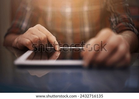 Person, hands and mockup with tablet screen for research, communication or networking at home. Closeup of creative employee working on technology or display for online search, app or startup at house