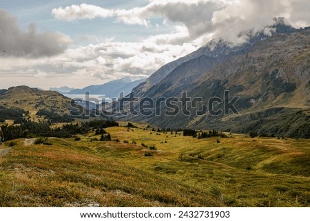 Valley overlooking Seward. Beautiful hike on lost lake trail in the Chugach National Forest. Royalty-Free Stock Photo #2432731903