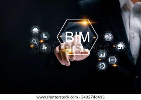 BIM, Building information modeling technology concept. BIM industry. Businessman touching with BIM icons on virtual screen.