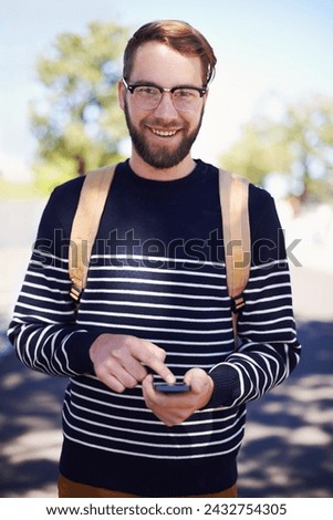 Portrait, phone and man in outdoors for education, student and scrolling on university app or internet. College campus, male person and typing a message or check email, online and communication