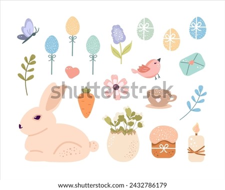 Cute set happy Easter design elements in pastel colors. Rabbit, egg, flowers, butterfly and other spring elements. For  poster, covers, label, template, pattern, holiday decoration.
