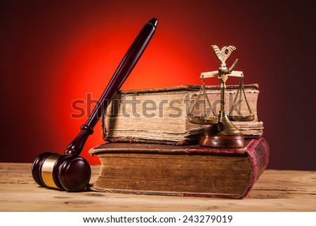 gavel, scales of justice and old book