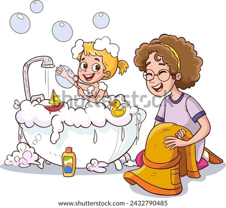 Vector illustration of girl taking bath in bathtub.