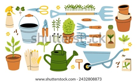 Set of gardening items in hand drawn cartoon style. Various agricultural and garden tools for spring work. Growing plants, flowers and herbs, seedling. Vector clip art illustration.