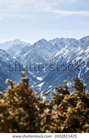 Beautiful mountain gorge. Winter landscape of the highlands, diverse photo. Natural wallpaper. Snow capped peaks