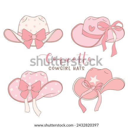 set of Coquette Cowgirl Hats with pink Ribbon Bow Hand Drawn Doodle illustration.