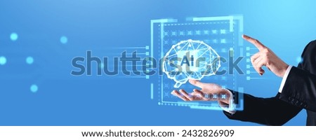 Hands of businessman using immersive AI artificial intelligence brain interface over light blue background. Concept of machine learning