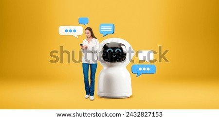 Smiling woman using phone, standing full length near cartoon AI robot with mock up speech bubbles on copy space yellow background. Concept of virtual assistant and bot communication