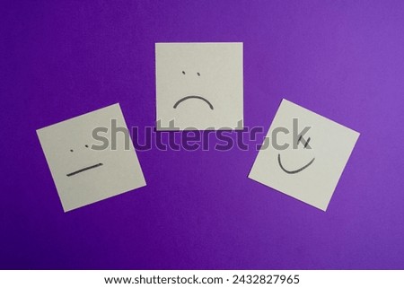 Paper cards with various emoticons on a colored background, banner and place for text. Conceptual image of positive thinking and satisfaction level