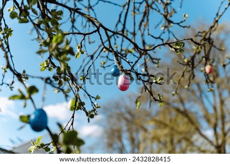 Tree branches in spring with colorful Easter eggs hanging on them.