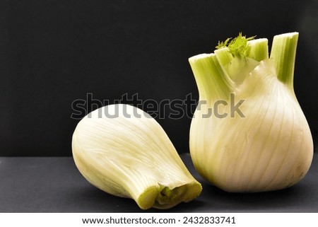 Captivating High-Resolution Photograph Featuring Freshly Harvested Fennel Bulbs Arranged Artfully on a Chic and Dramatic Black Background, Perfect for Culinary, Health, and Lifestyle Concepts