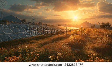 Solar Energy Harvest at Dusk
Solar panels amidst a field of wildflowers capture the waning sunlight, juxtaposed with wind turbines in the distance Royalty-Free Stock Photo #2432838479