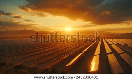 Solar Energy Harvest at Dusk
Solar panels amidst a field of wildflowers capture the waning sunlight, juxtaposed with wind turbines in the distance Royalty-Free Stock Photo #2432838481