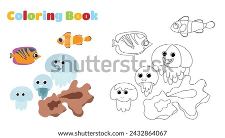 Coloring page. Underwater corals and tropical fish and funny jellyfish in cartoon style.