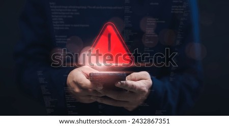 Programmer developer, staff businessman using smartphone programming access security alert caution warning triangle sign, issued ungranted access online internet cybercrime.