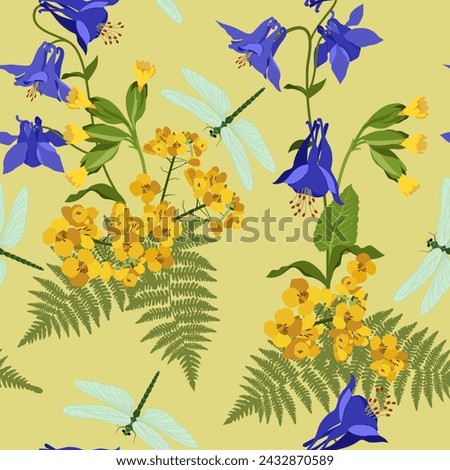 Seamless pattern. Blue aquilegia flower pattern and dragonflies on a beige background. This pattern can be used for printing on textiles, wallpaper and other surfaces. Royalty-Free Stock Photo #2432870589