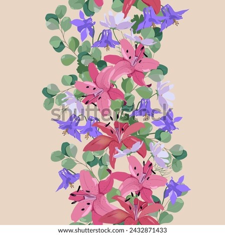 Beautiful lilies and aquilegia. Seamless vector illustration. For decorating textiles, packaging, wallpaper. Royalty-Free Stock Photo #2432871433