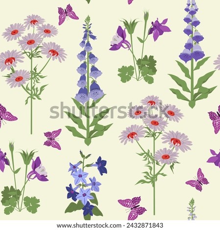 Vector pattern with campanula, aquilegia, chamomile, digitalis and butterflies. Seamless pattern for fabric, paper and other printing projects. Royalty-Free Stock Photo #2432871843