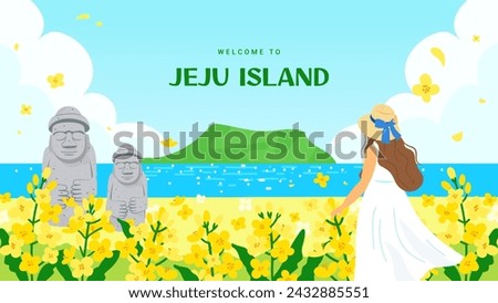 Welcome to Jeju Island poster Vector illustration. Woman watching beautiful Jeju landscape Royalty-Free Stock Photo #2432885551