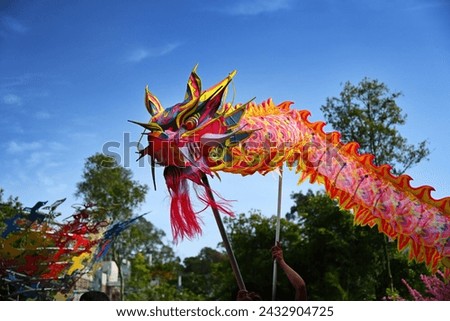 Close up of the Chinese Dragon Dance performance during Chinese Lunar New Year of the dragon at Mandai Bird Paradise in Singapore.