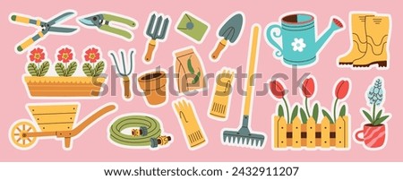 Stickers set of gardening items in hand drawn style. Agricultural and garden tools for spring work. Vector illustration. Royalty-Free Stock Photo #2432911207