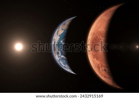 Beautiful planets Earth and Mars view from space. Terrestrial planets. Planetary alignment. Elements of this image furnished by NASA. 