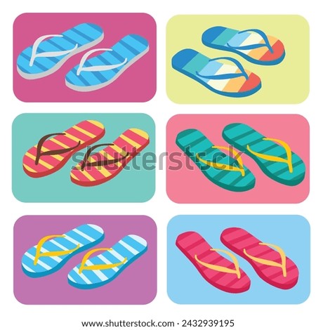 Flip flops flat vector set. Colorful flip flops illustration in cartoon style. Hello summer concept. Summer vacation item. Summer accessories. Royalty-Free Stock Photo #2432939195